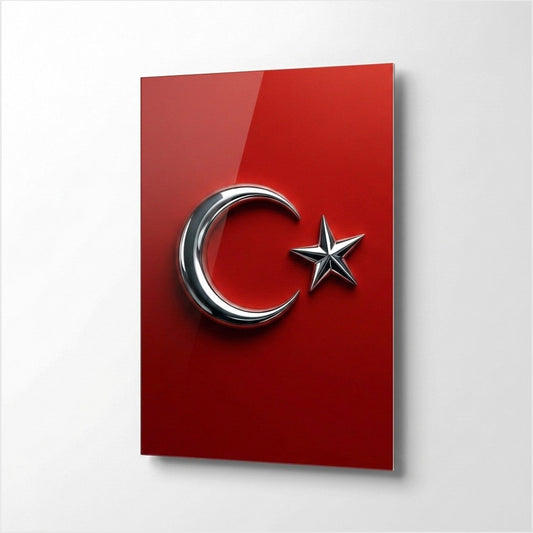 Modern Metalik Ay Yıldız Türk Bayrağı Simgesi Dikey Cam Tablo
