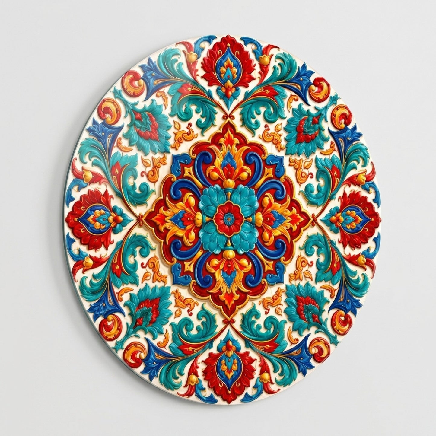 Osmanlı Tarzı Renkli Çiçekli Kabartma Mandala Motifi Yuvarlak Cam Tablo