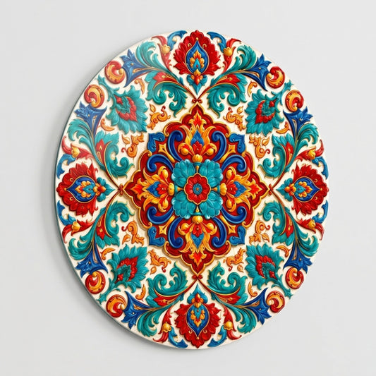 Osmanlı Tarzı Renkli Çiçekli Kabartma Mandala Motifi Yuvarlak Cam Tablo