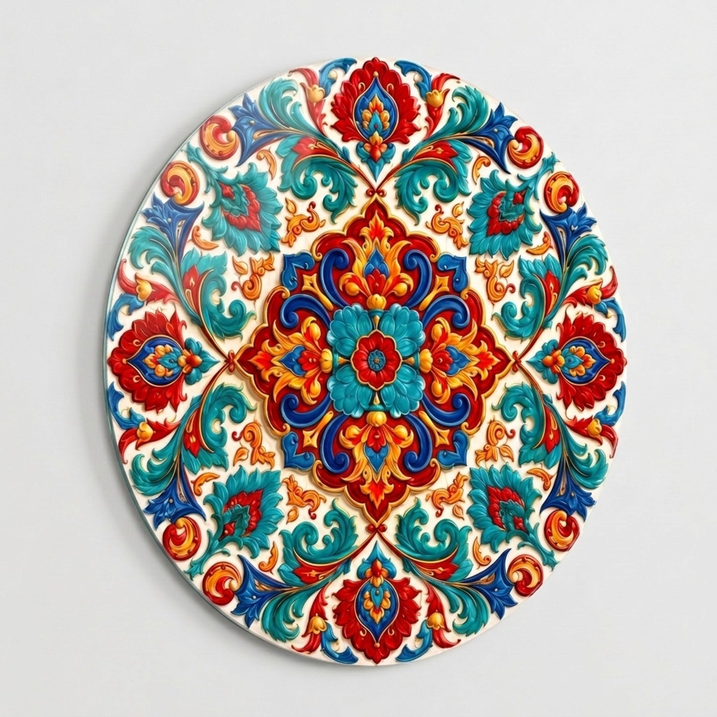 Osmanlı Tarzı Renkli Çiçekli Kabartma Mandala Motifi Yuvarlak Cam Tablo