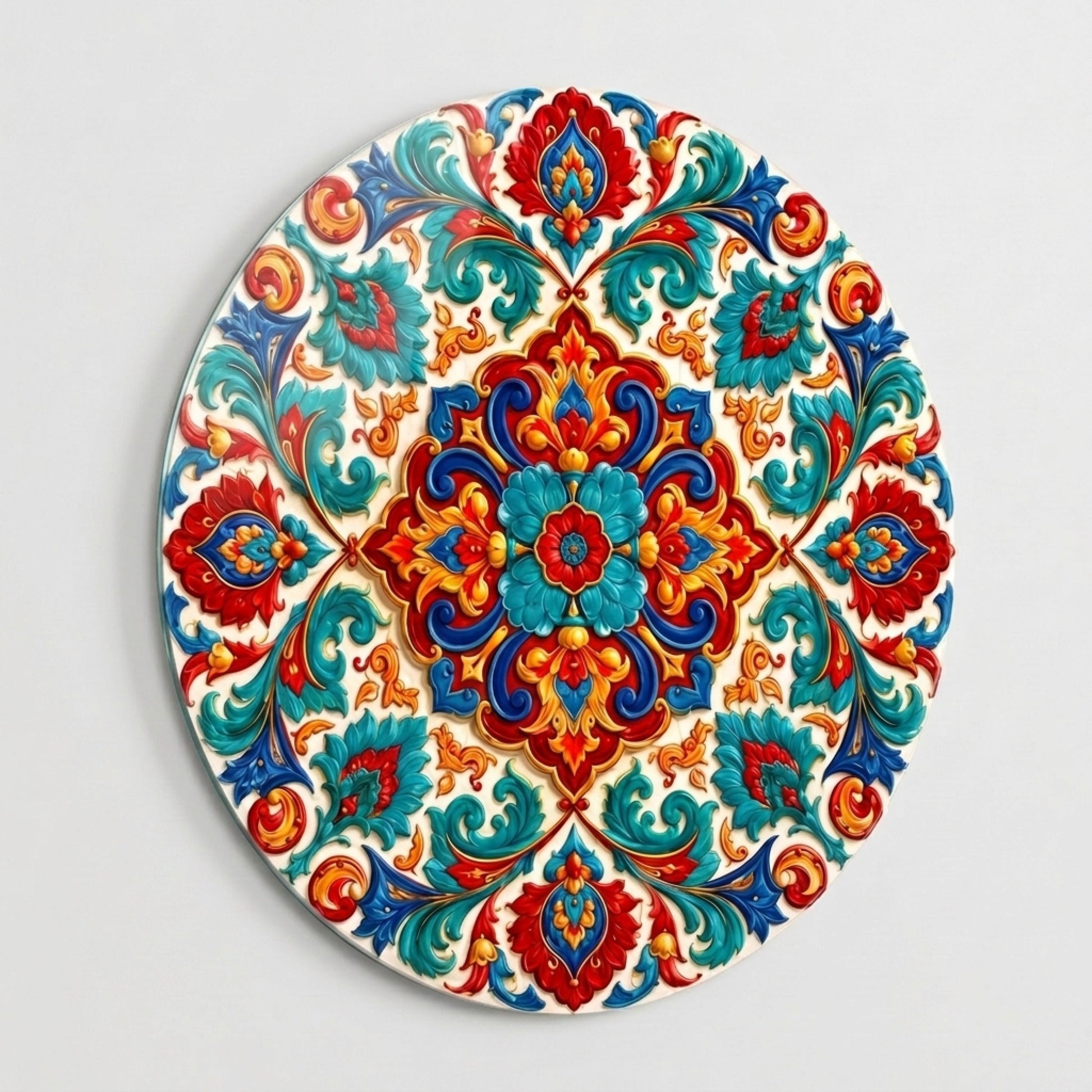 Osmanlı Tarzı Renkli Çiçekli Kabartma Mandala Motifi Yuvarlak Cam Tablo