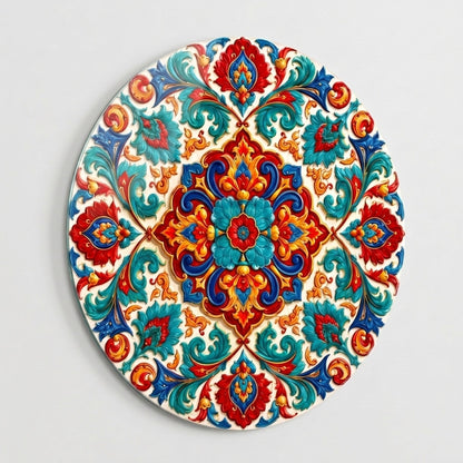 Osmanlı Tarzı Renkli Çiçekli Kabartma Mandala Motifi Yuvarlak Cam Tablo