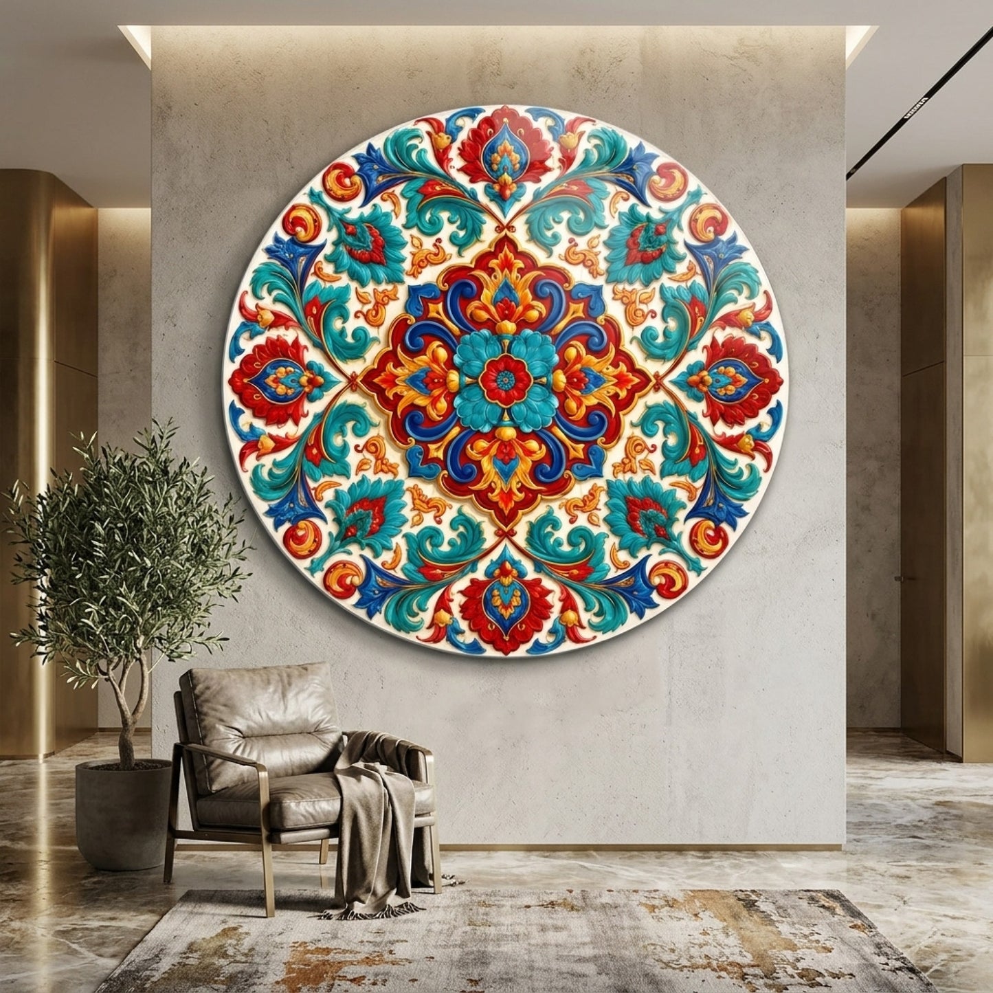 Osmanlı Tarzı Renkli Çiçekli Kabartma Mandala Motifi Yuvarlak Cam Tablo