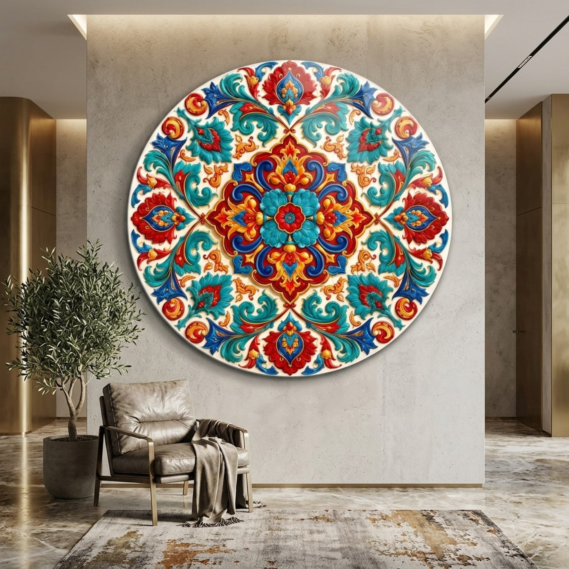 Osmanlı Tarzı Renkli Çiçekli Kabartma Mandala Motifi Yuvarlak Cam Tablo