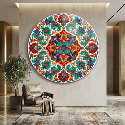 Osmanlı Tarzı Renkli Çiçekli Kabartma Mandala Motifi Yuvarlak Cam Tablo