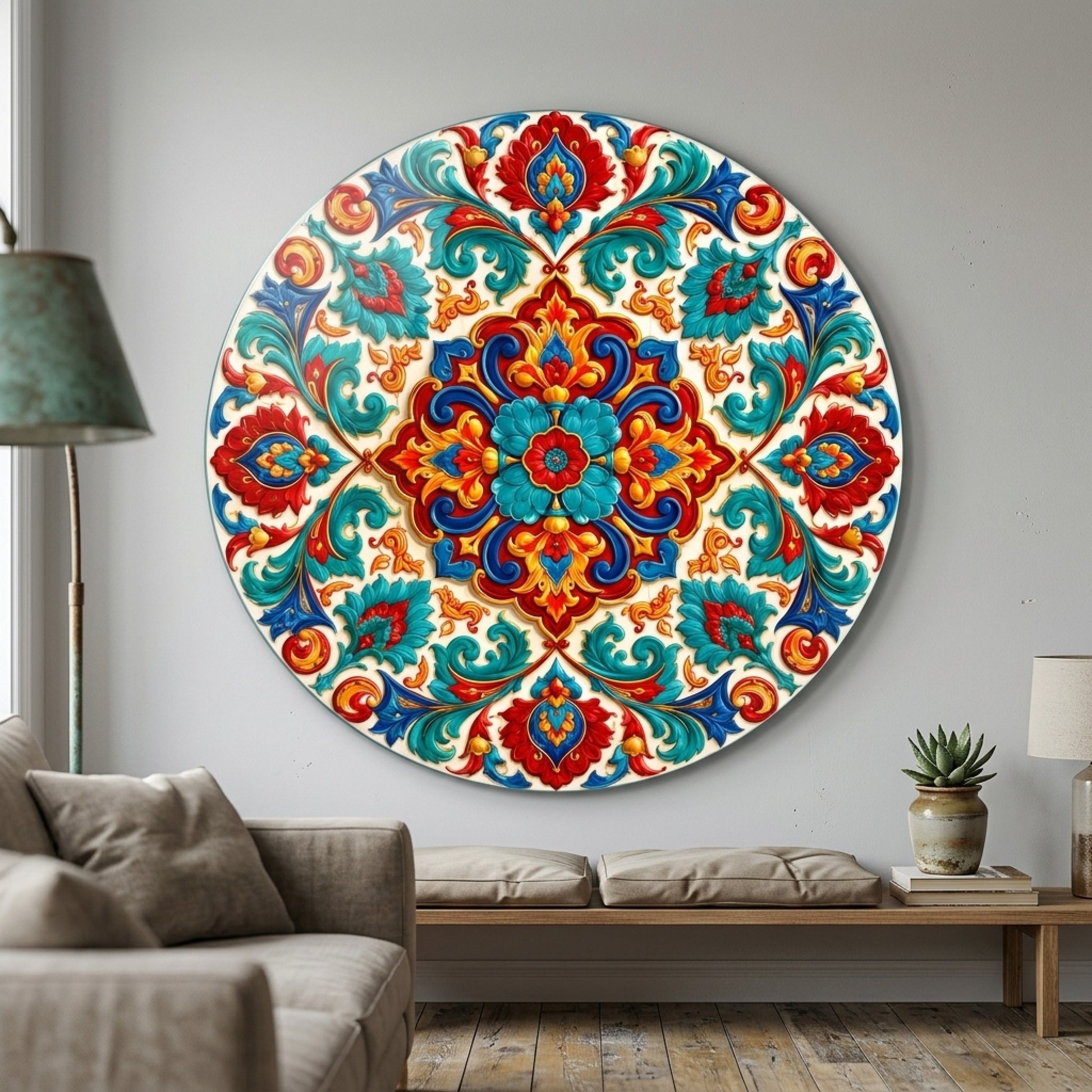 Osmanlı Tarzı Renkli Çiçekli Kabartma Mandala Motifi Yuvarlak Cam Tablo