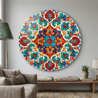 Osmanlı Tarzı Renkli Çiçekli Kabartma Mandala Motifi Yuvarlak Cam Tablo