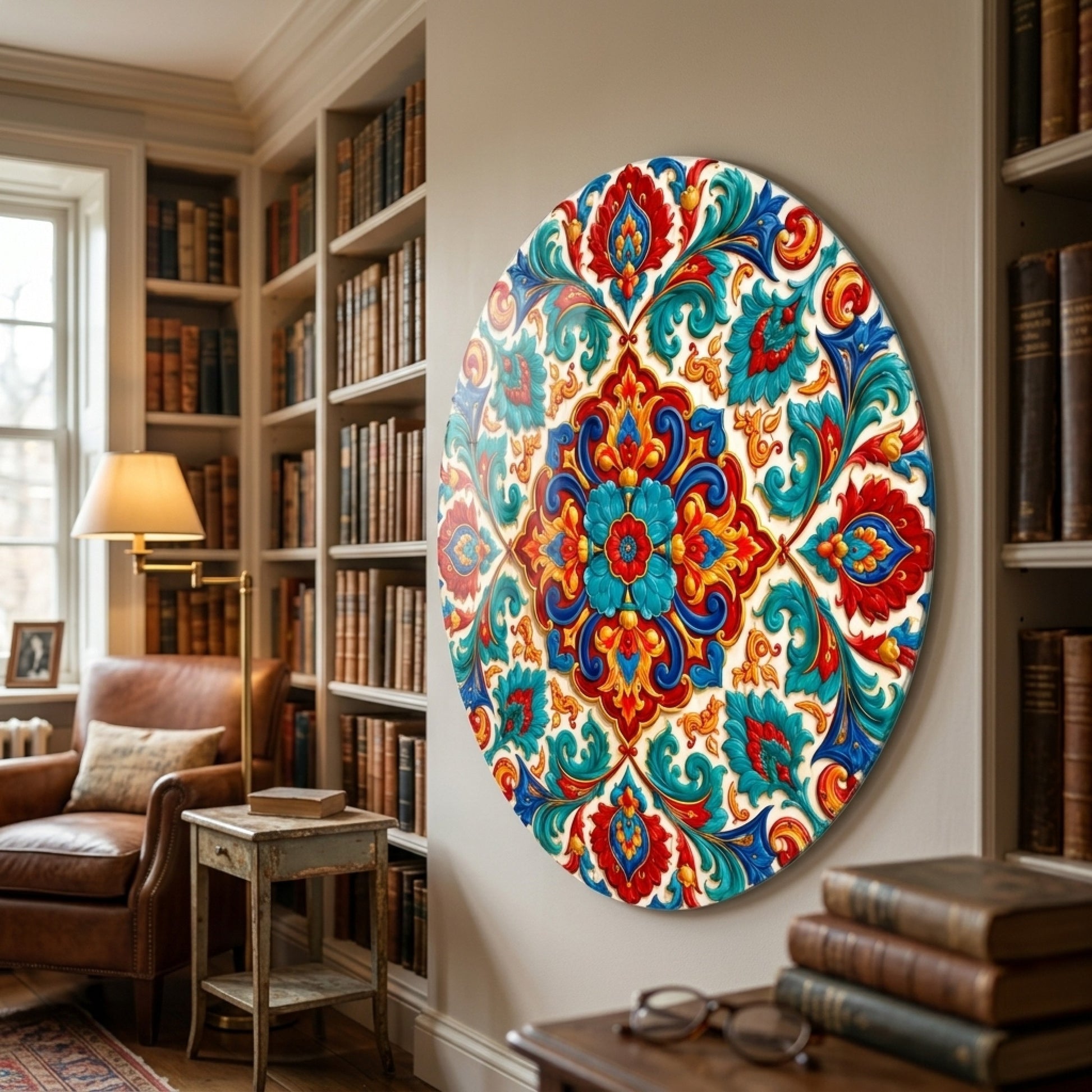 Osmanlı Tarzı Renkli Çiçekli Kabartma Mandala Motifi Yuvarlak Cam Tablo