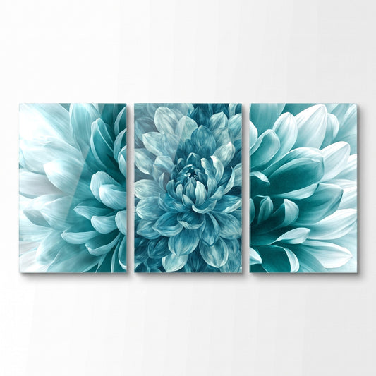 Turkuaz Dahlia Çiçeği Makro Dikey 3'lü Set Cam Tablo
