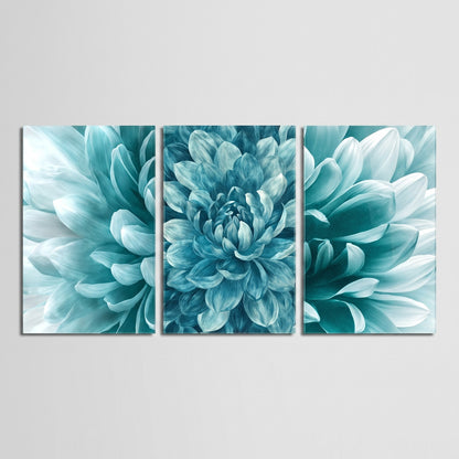Turkuaz Dahlia Çiçeği Makro Dikey 3'lü Set Cam Tablo