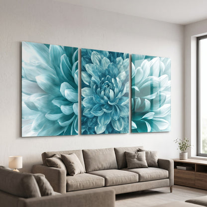 Turkuaz Dahlia Çiçeği Makro Dikey 3'lü Set Cam Tablo