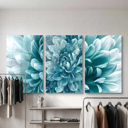 Turkuaz Dahlia Çiçeği Makro Dikey 3'lü Set Cam Tablo