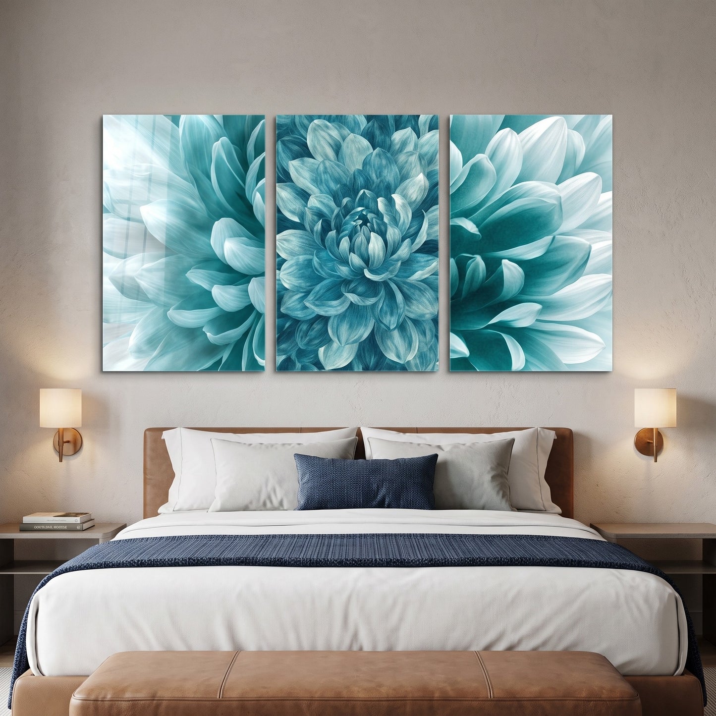 Turkuaz Dahlia Çiçeği Makro Dikey 3'lü Set Cam Tablo