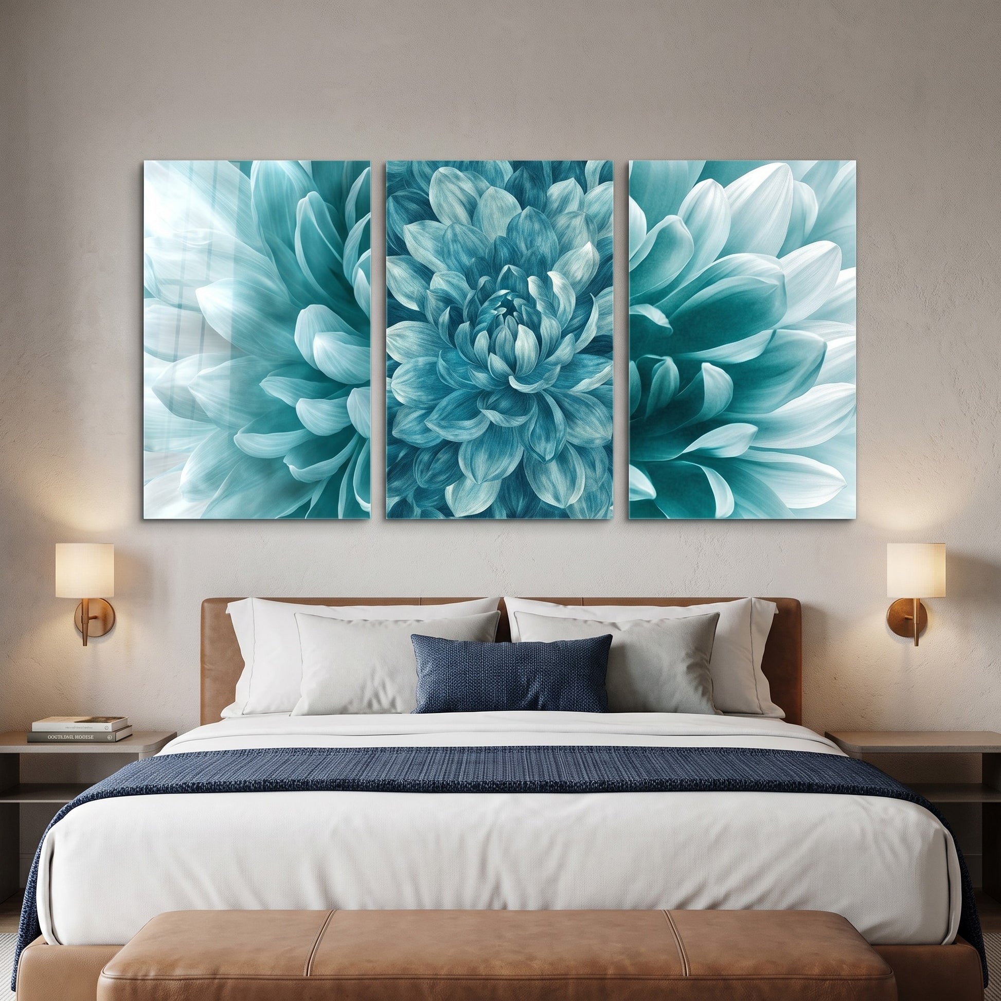 Turkuaz Dahlia Çiçeği Makro Dikey 3'lü Set Cam Tablo
