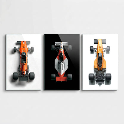 Efsanevi F1 Yarış Arabaları Triptik Dikey 3'lü Set Cam Tablo