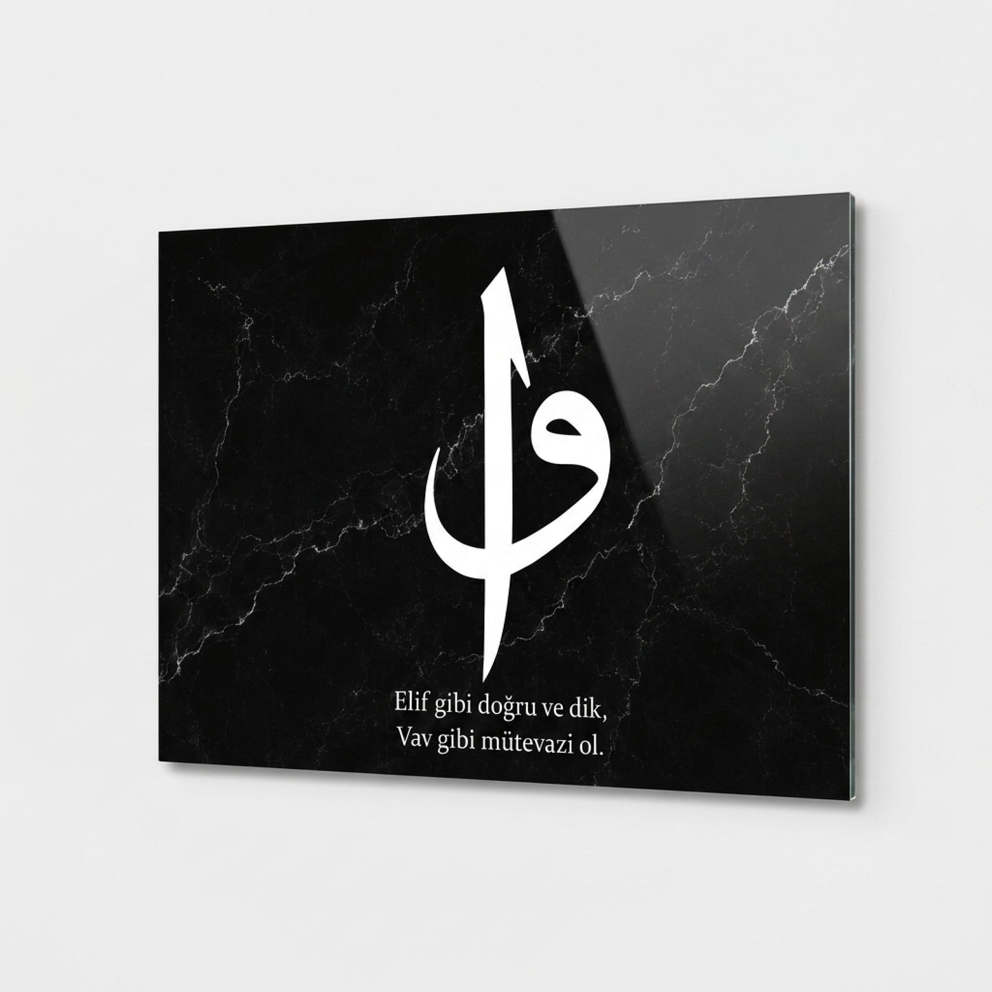 Siyah Mermer Elif Vav Hat Yazili Yatay Cam Tablo