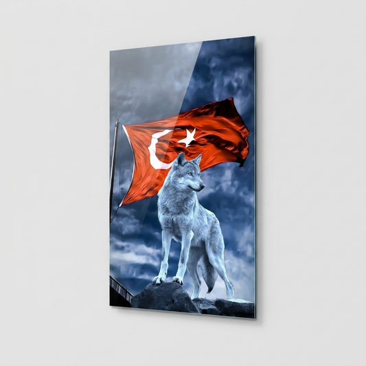 Asil Kurt ve Şanlı Türk Bayrağı Dikey Cam Tablo
