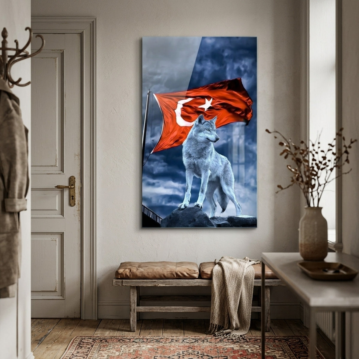 Asil Kurt ve Şanlı Türk Bayrağı Dikey Cam Tablo