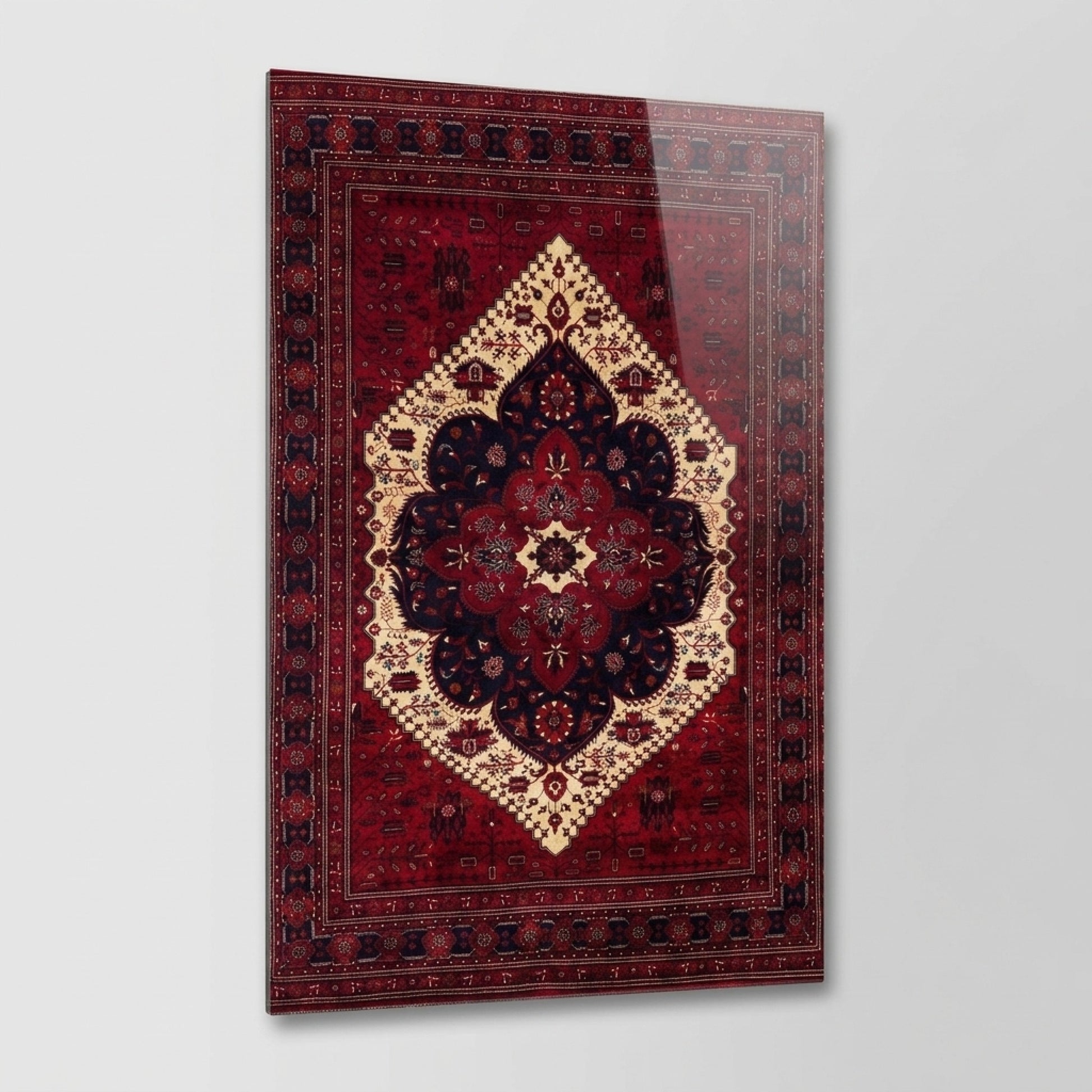 Kırmızı Otantik Halı Desenli Dikey Cam Tablo