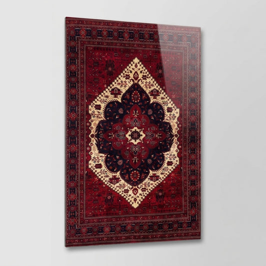 Kırmızı Otantik Halı Desenli Dikey Cam Tablo