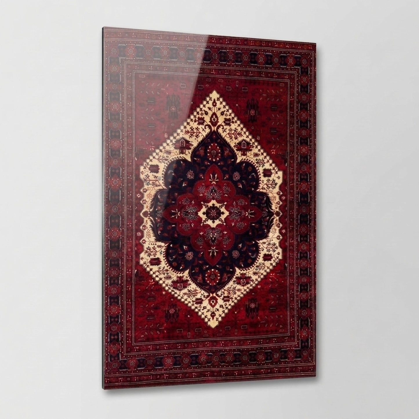 Kırmızı Otantik Halı Desenli Dikey Cam Tablo