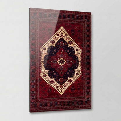 Kırmızı Otantik Halı Desenli Dikey Cam Tablo