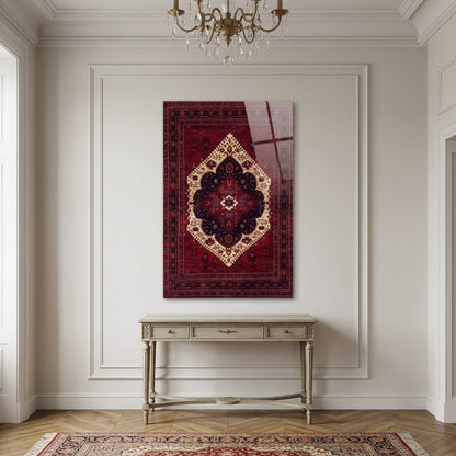 Kırmızı Otantik Halı Desenli Dikey Cam Tablo