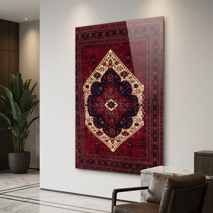 Kırmızı Otantik Halı Desenli Dikey Cam Tablo