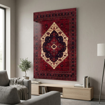 Kırmızı Otantik Halı Desenli Dikey Cam Tablo
