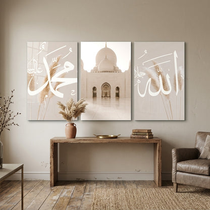 Modern Hat ve Cami Panelleri Dikey 3'lü Set Cam Tablo
