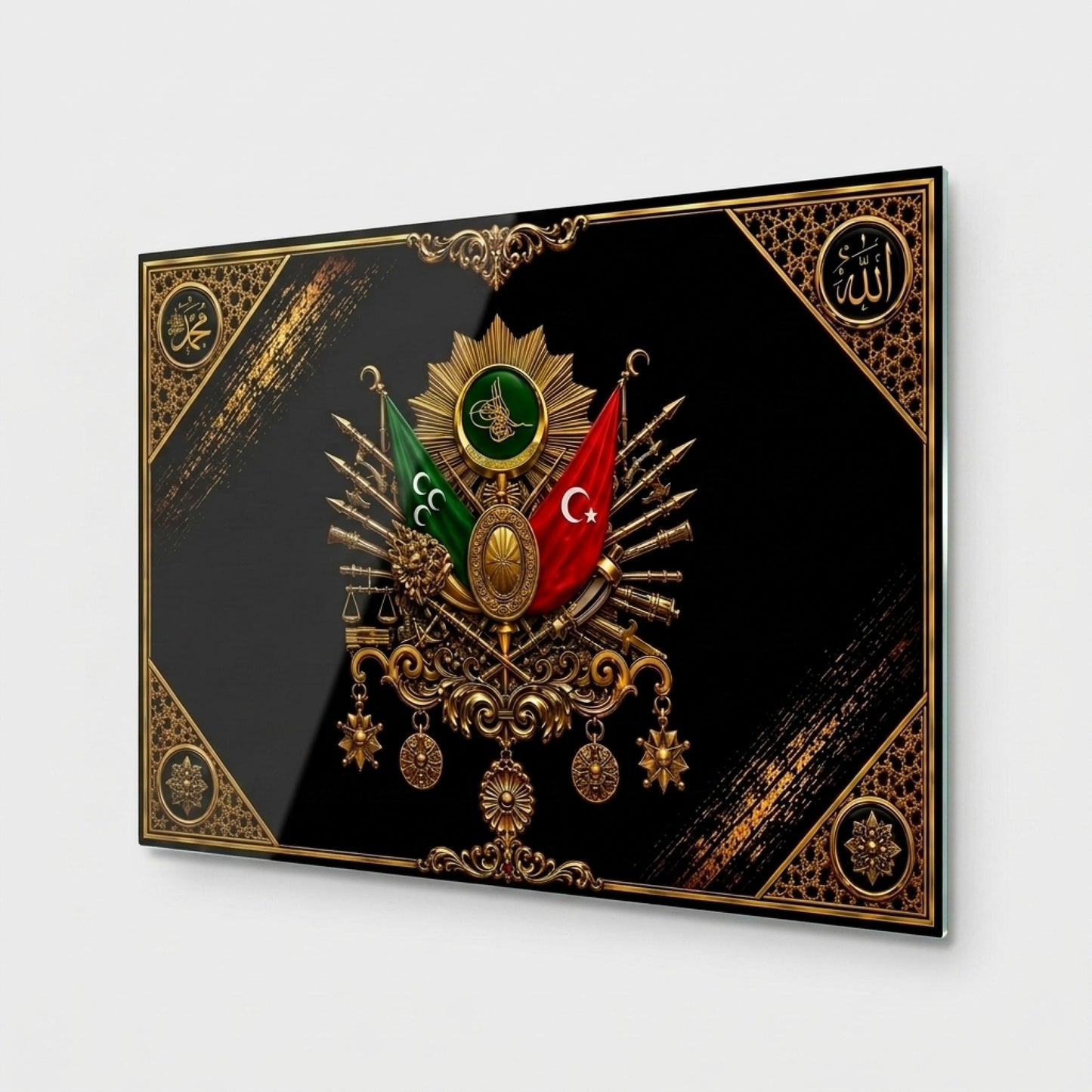Osmanlı Devlet Arması Altın Detaylı Yatay Cam Tablo