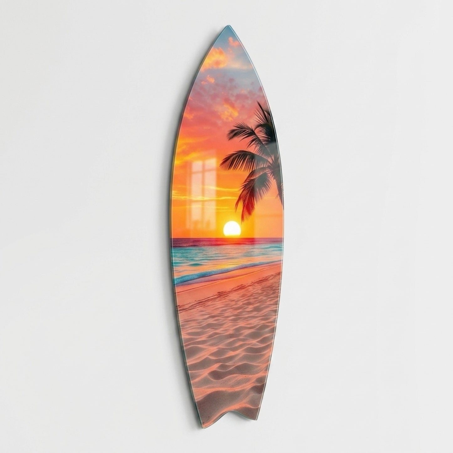Tropikal Plaj ve Palmiye Ağacı Manzaralı Surf Board Cam Tablo