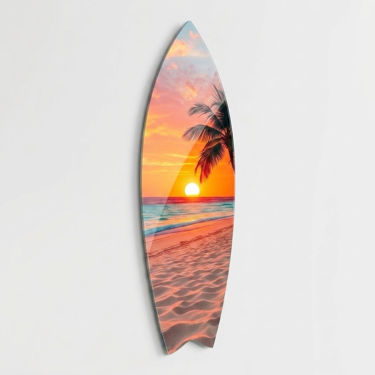 Tropikal Plaj ve Palmiye Ağacı Manzaralı Surf Board Cam Tablo