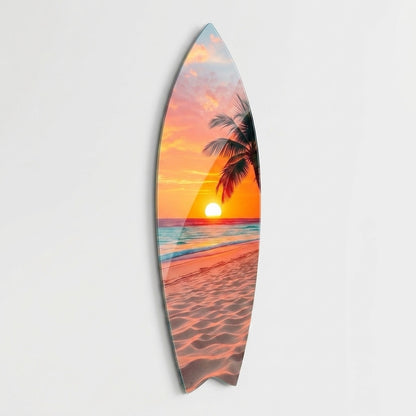 Tropikal Plaj ve Palmiye Ağacı Manzaralı Surf Board Cam Tablo