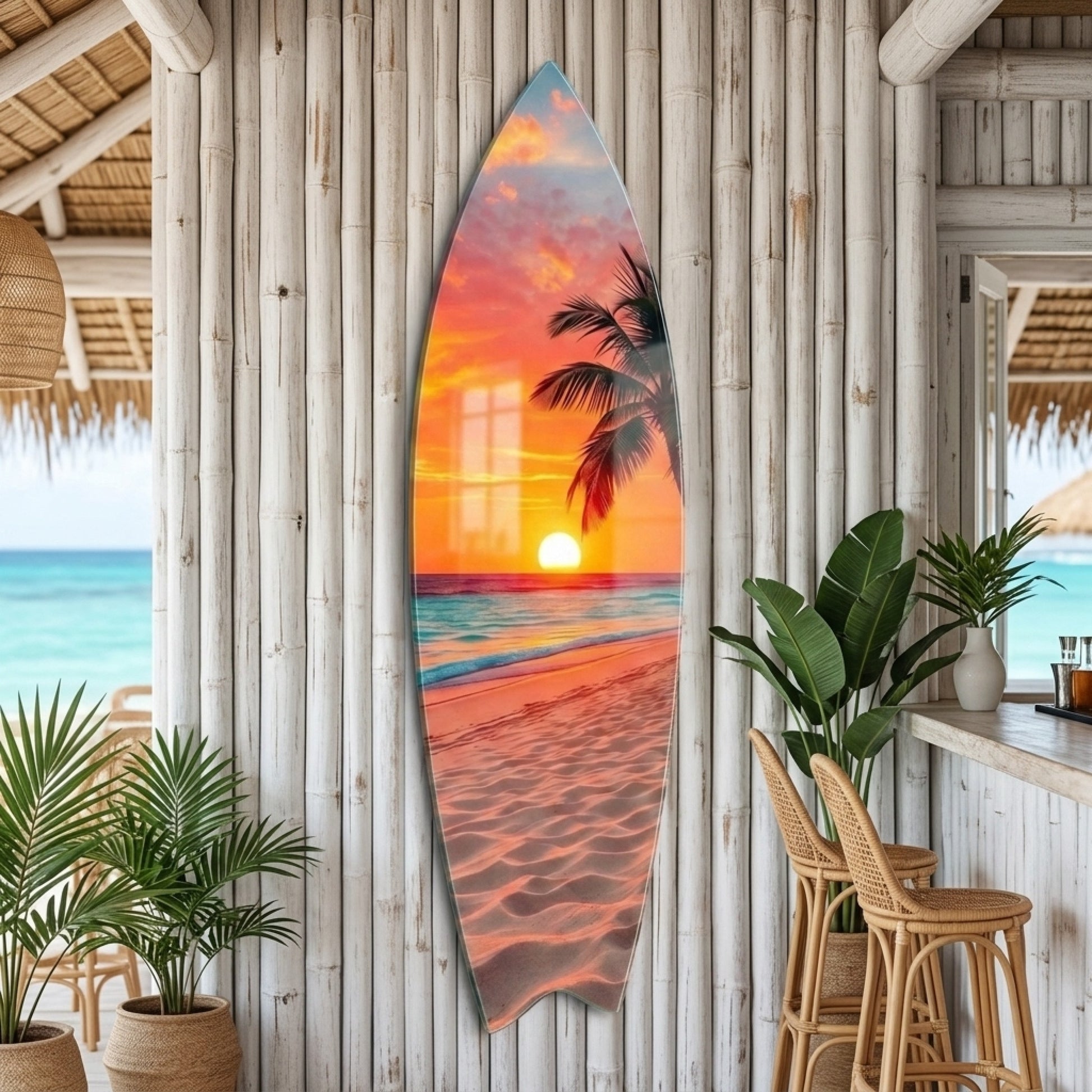 Tropikal Plaj ve Palmiye Ağacı Manzaralı Surf Board Cam Tablo