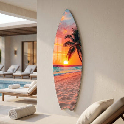 Tropikal Plaj ve Palmiye Ağacı Manzaralı Surf Board Cam Tablo