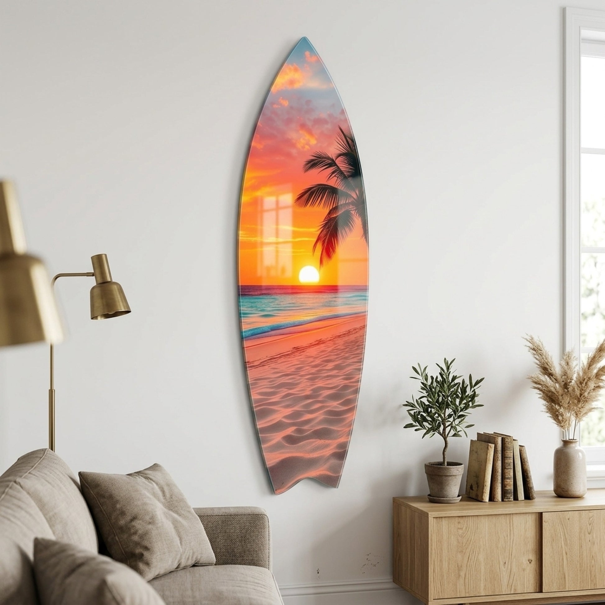 Tropikal Plaj ve Palmiye Ağacı Manzaralı Surf Board Cam Tablo