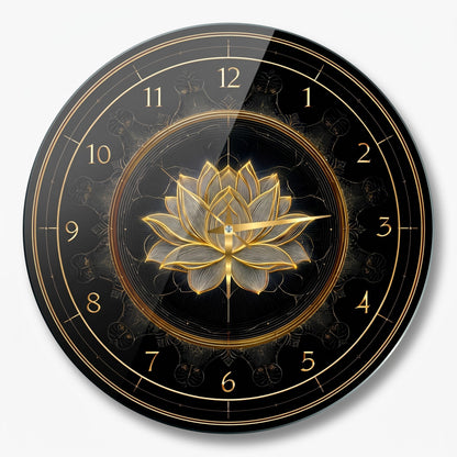 Altın Lotus Desenli Cam Saat