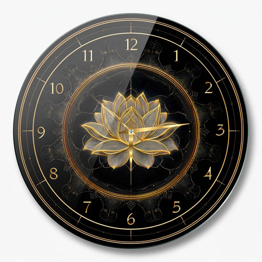 Altın Lotus Desenli Cam Saat