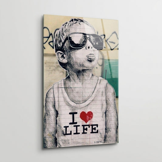 Gözlüklü I Love Life Çocuk Çizimi Dikey Cam Tablo