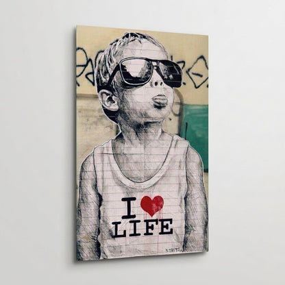 Gözlüklü I Love Life Çocuk Çizimi Dikey Cam Tablo
