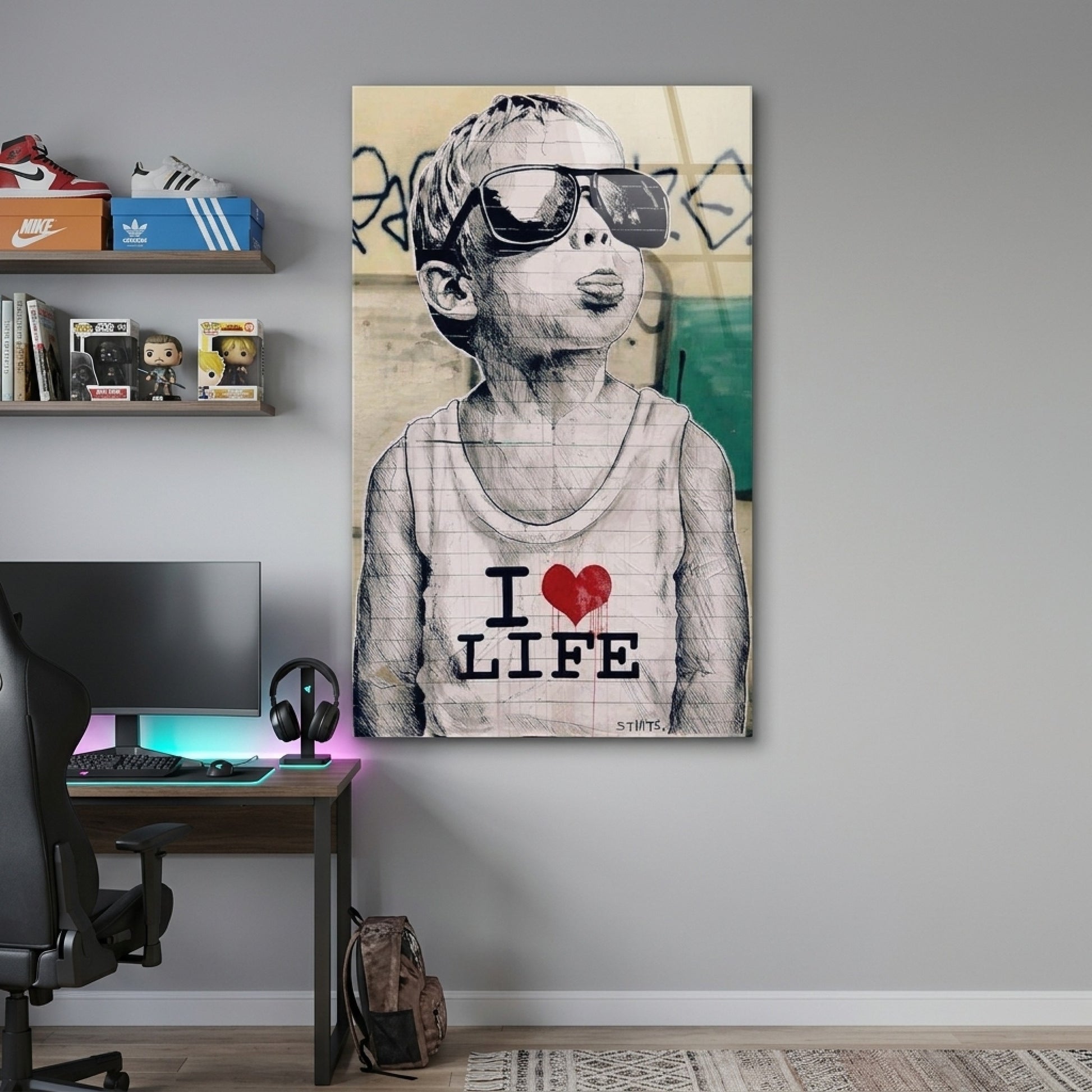 Gözlüklü I Love Life Çocuk Çizimi Dikey Cam Tablo