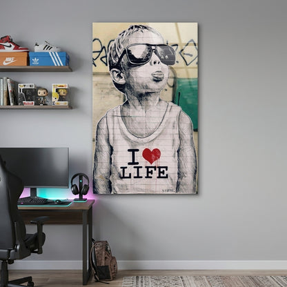 Gözlüklü I Love Life Çocuk Çizimi Dikey Cam Tablo