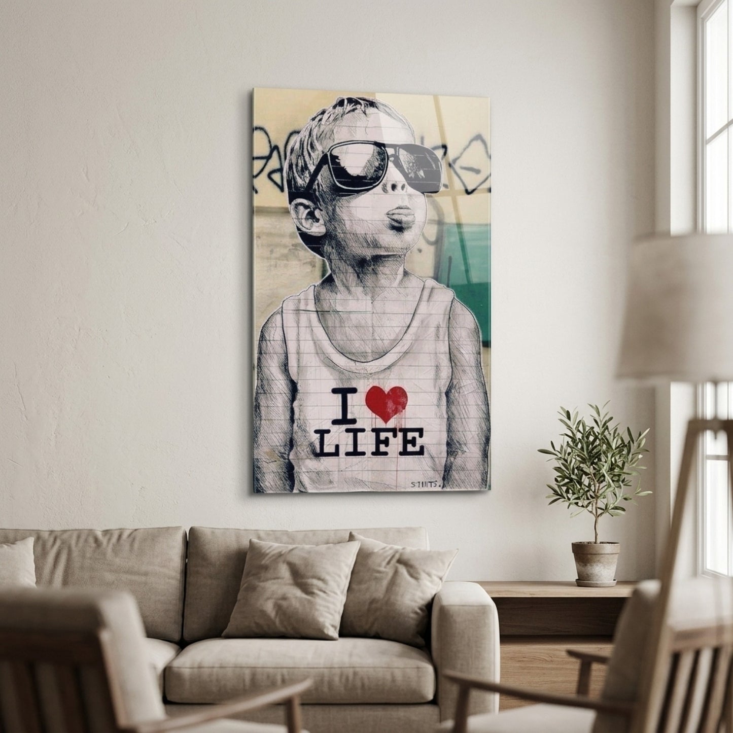 Gözlüklü I Love Life Çocuk Çizimi Dikey Cam Tablo