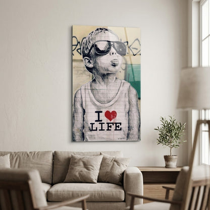 Gözlüklü I Love Life Çocuk Çizimi Dikey Cam Tablo