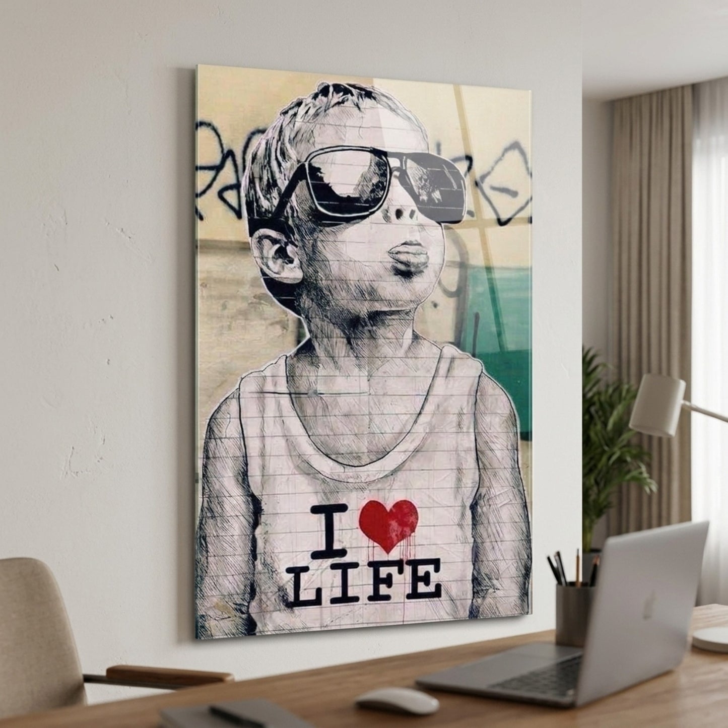 Gözlüklü I Love Life Çocuk Çizimi Dikey Cam Tablo