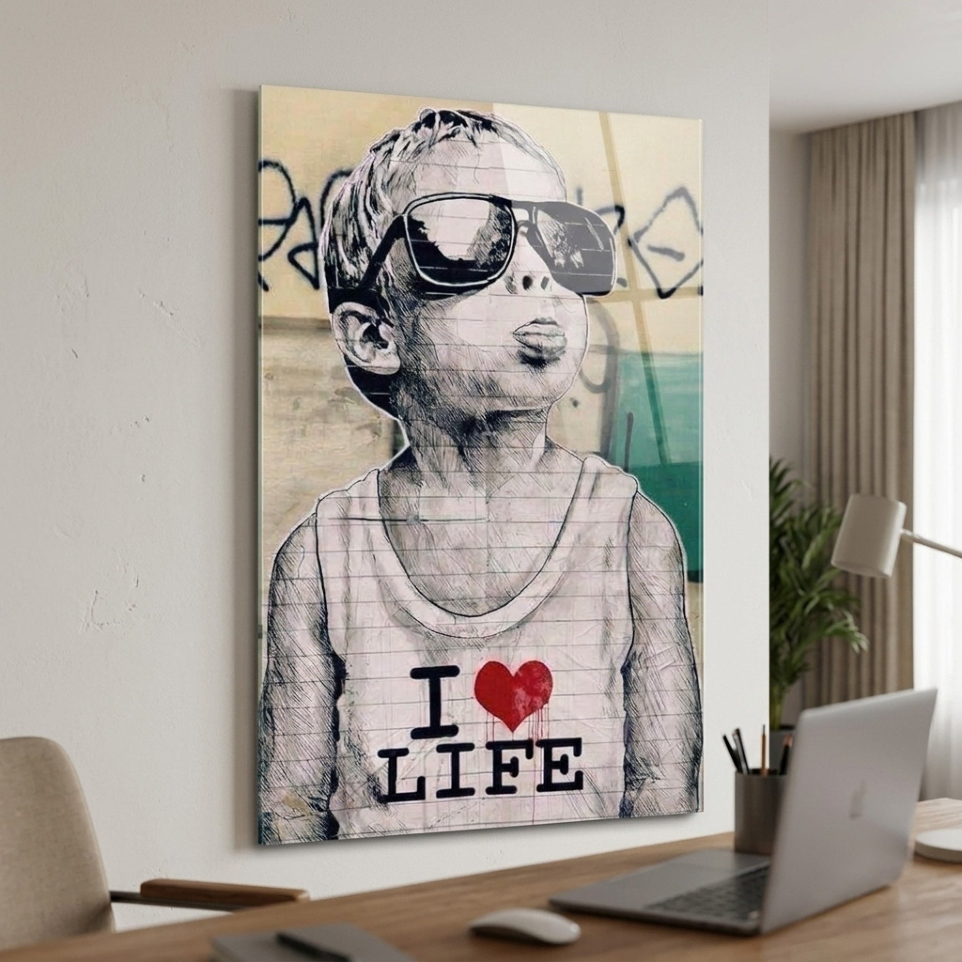 Gözlüklü I Love Life Çocuk Çizimi Dikey Cam Tablo