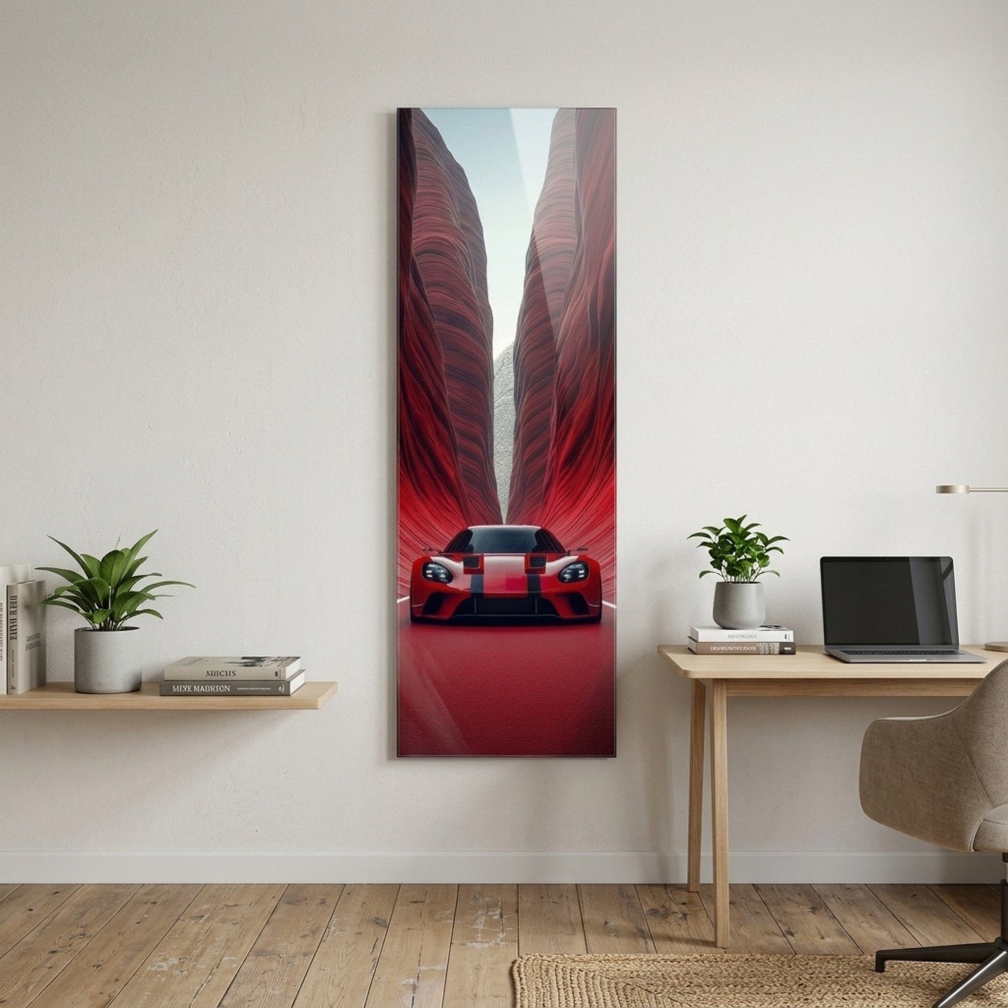 Kirmizi Spor Araba Kanyon Yolu Panoramik Dikey Cam Tablo
