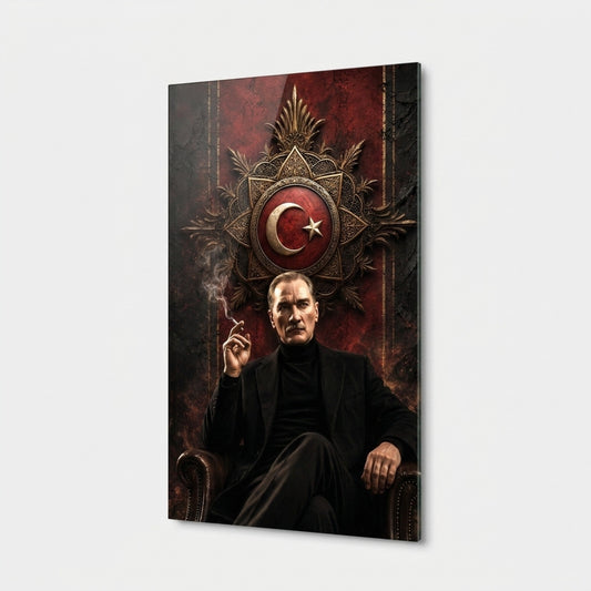 Modern Atatürk Portresi ve Ay Yıldız Arma Dikey Cam Tablo