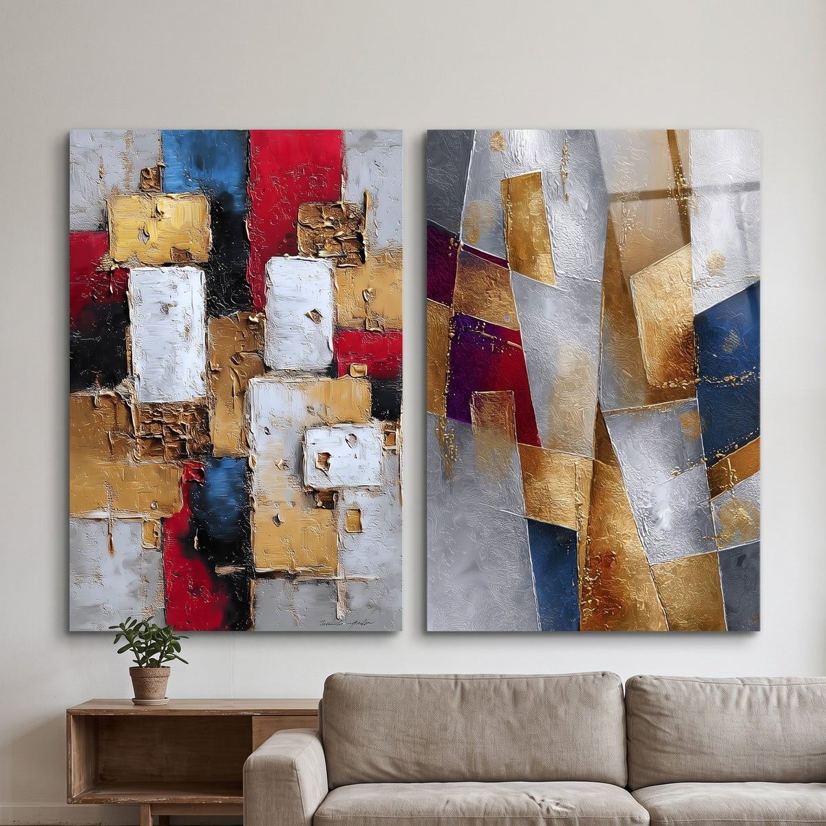 Modern Soyut Altın Sanat Dikey 2'li Set Cam Tablo